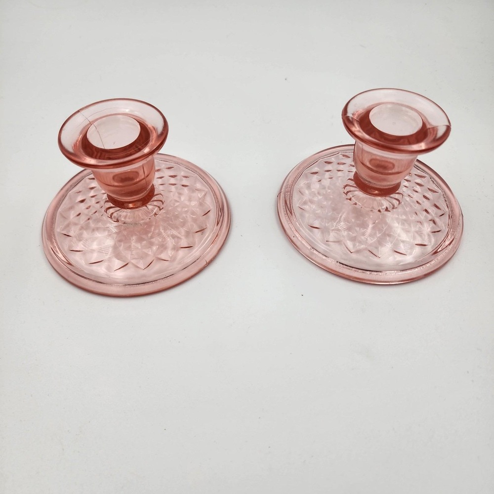Vintage Imperial Glass‎ Diamond Quilted Depression Glass Candlestick Holder Pair